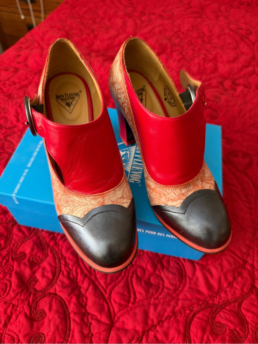John Fluevog Attic Joyce Red Paisley Monk Strap Heels Size 9.5 w/ Box - Picture 7 of 8